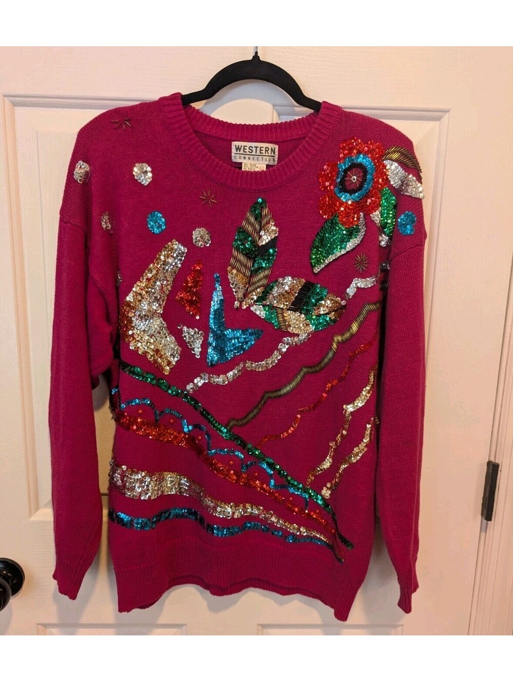 Vtg Western Connection Sweater Women's Large Beverly Goldberg Grandma Pink